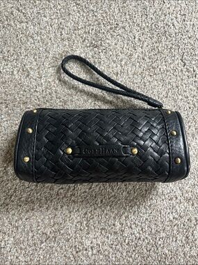 Cole Haan Black Woven Genuine Leather Wristlet with Gold Studs